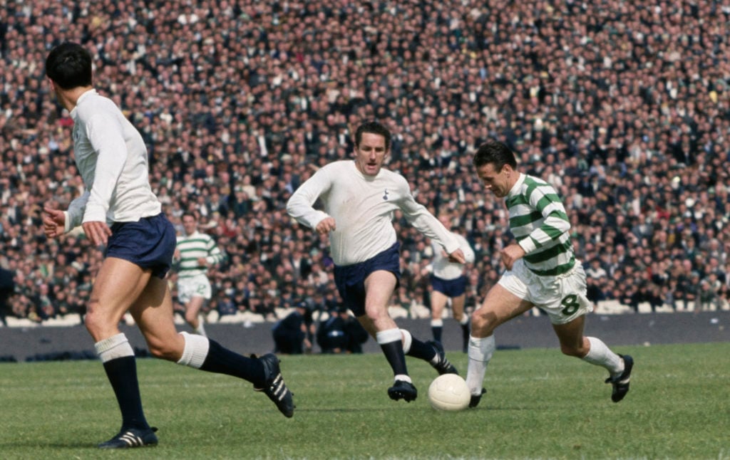 Spurs Dave Mckay closes in on Willie Wallace of Celtic during a friendly match at Hampden Park between Tottenham Hotspur and Celtic on August 5, 19...