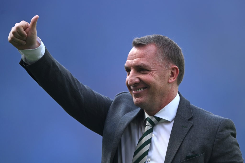 Brendan Rodgers, Manager of Celtic, gestures prior to the Scottish Cup Final match between Celtic and Rangers at Hampden Park on May 25, 2024 in Gl...