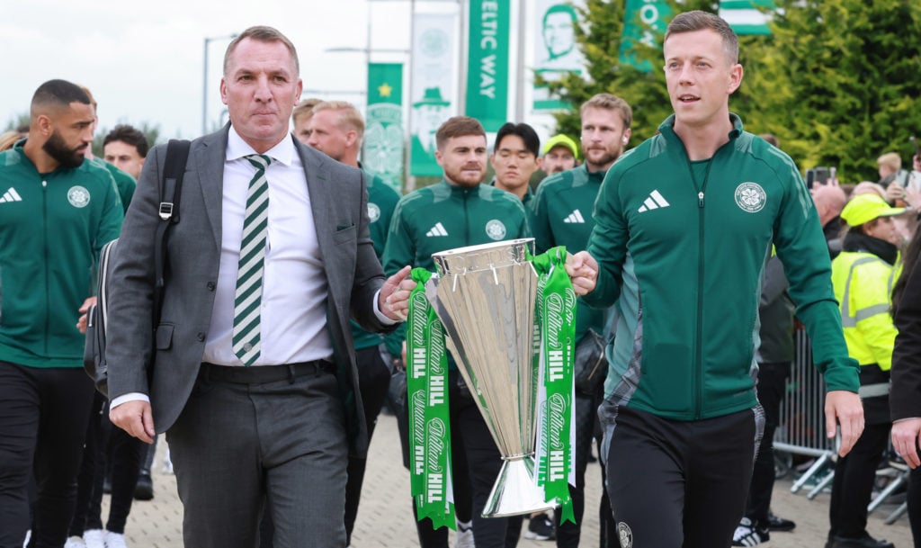 Celtic manager Brendan Rodgers and Callum McGregor Celtic's captain walk up The Celtic Way with the SPFL Scottish League Trophy before the cinch Pr...