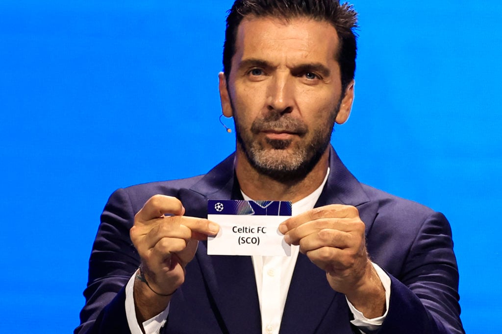 Italy's former goalkeeper Gianluigi Buffon shows the paper slip of Celtic (SCO) during the group stage of the 2024-2025 UEFA Champions League footb...