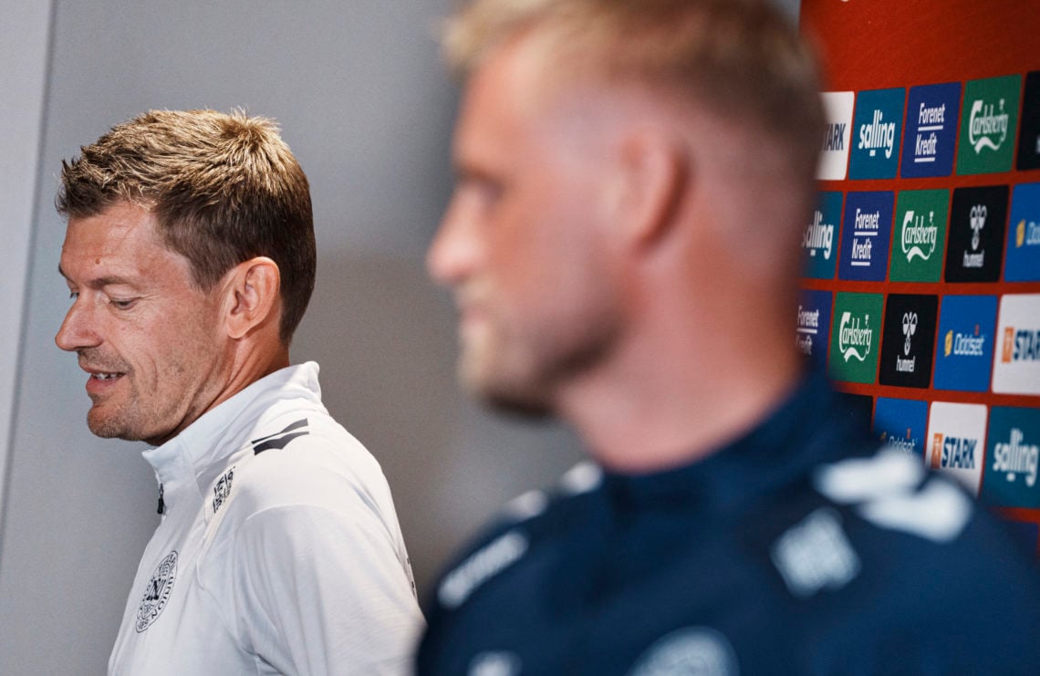 Denmark's goalkeeper Kasper Schmeichel and temporary national coach Lars Knudsen attend a media meeting with the Danish national football team in t...