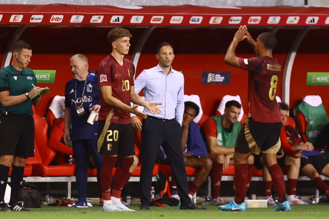 Engels Arne midfielder of Belgium , Tedesco Domenico head coach of Belgium and Tielemans Youri midfielder of Belgium during the UEFA Nations League...