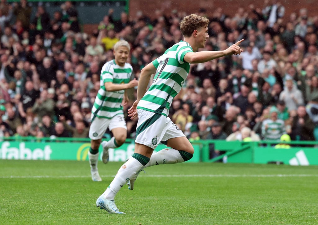 Arne Engels of Celtic celebrates scoring his team's opening goal during the SPL | Premier League match between Celtic FC and Heart of Midlothian FC...