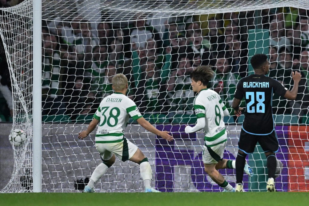 Celtic's Japanese midfielder #08 Kyogo Furuhashi (C) scores his teams second goal during the UEFA Champions League, league phase football match bet...