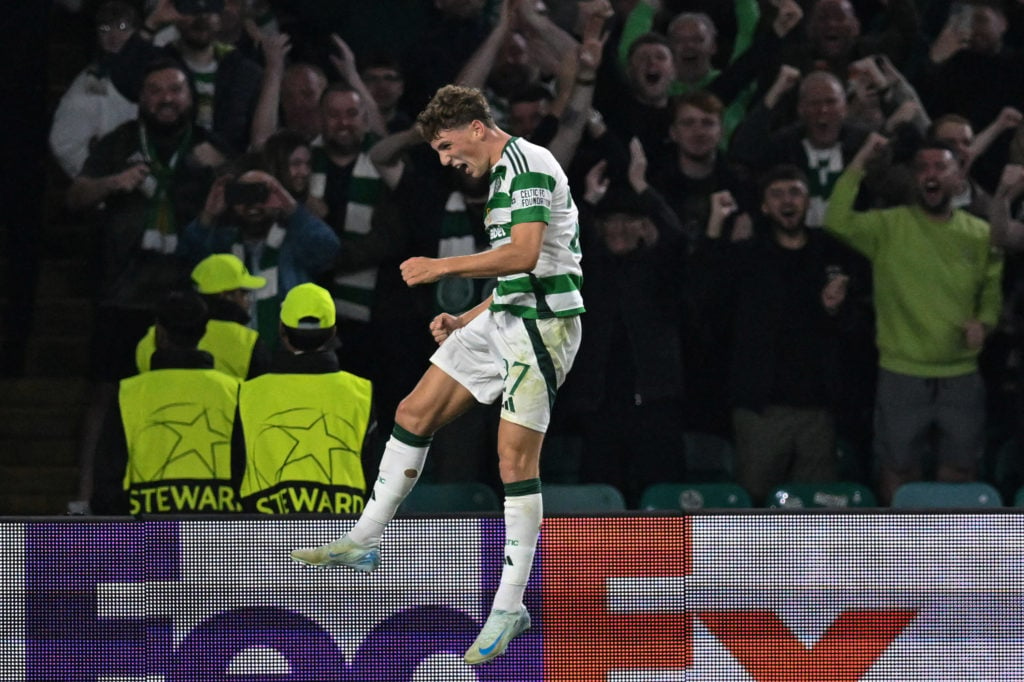 Celtic's Belgian midfielder #27 Arne Engels celebrates after scoring a penalty and his teams third goal during the UEFA Champions League, league ph...