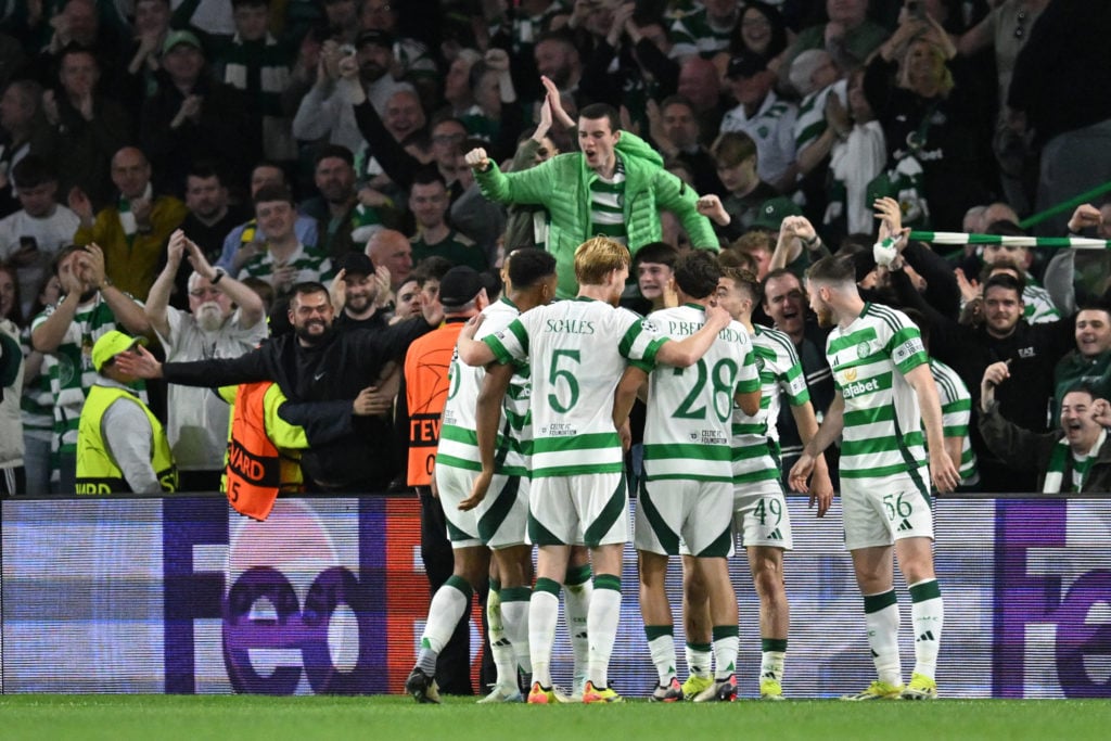 Celtic players celebrate following a goal by Celtic's Irish striker #09 Adam Idah (not seen) during the UEFA Champions League, league phase footbal...