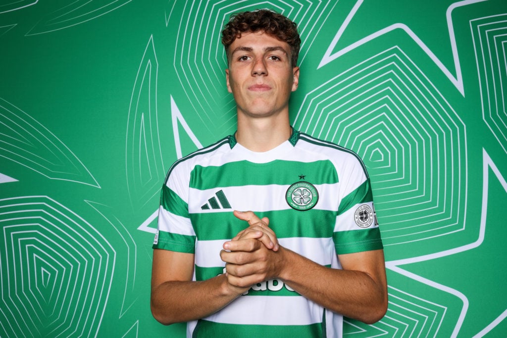 Arne Engels of Celtic poses during the UEFA Media Access Day on September 16, 2024 in Glasgow, Scotland.