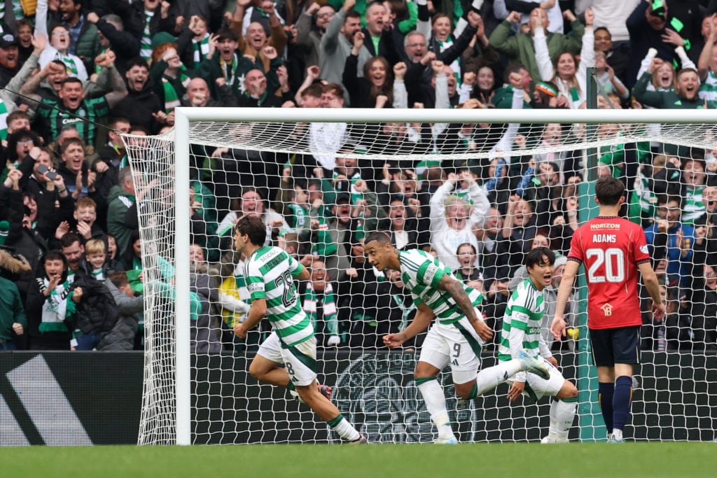 Greg Taylor of Celtic celebrates scoring his team's third goal during the Premier Sports Cup Quarter Final between Celtic and Falkirk at Celtic Par...