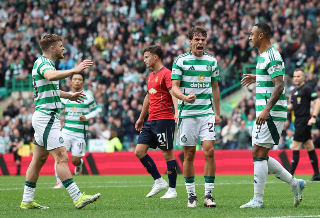 Paulo Bernardo of Celtic celebrates scoring his team's first goal with teammate Adam Idah of Celtic during the Premier Sports Cup Quarter Final bet...