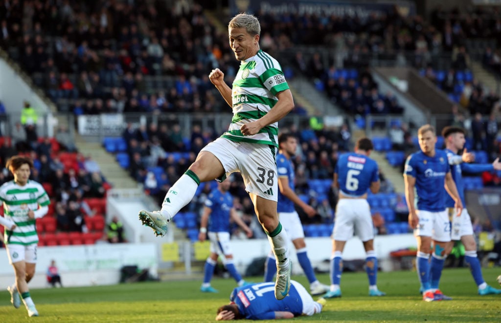 Daizen Maeda of Celtic celebrates only for VAR to rule the goal off during the SPL | Premier League match between St. Johnstone FC and Celtic FC at...