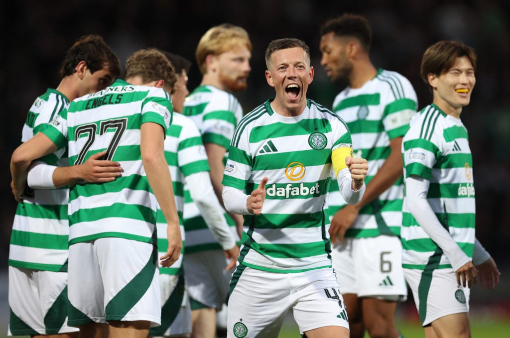 Celtic captain Callum McGregor celebrates after scoring his team's fourth goal during the SPL | Premier League match between St. Johnstone FC and C...