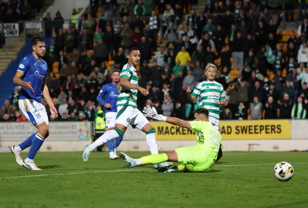 Adan Idah of Celtic scores his team's sixth goal during the SPL | Premier League match between St. Johnstone FC and Celtic FC at McDiarmid Park on ...