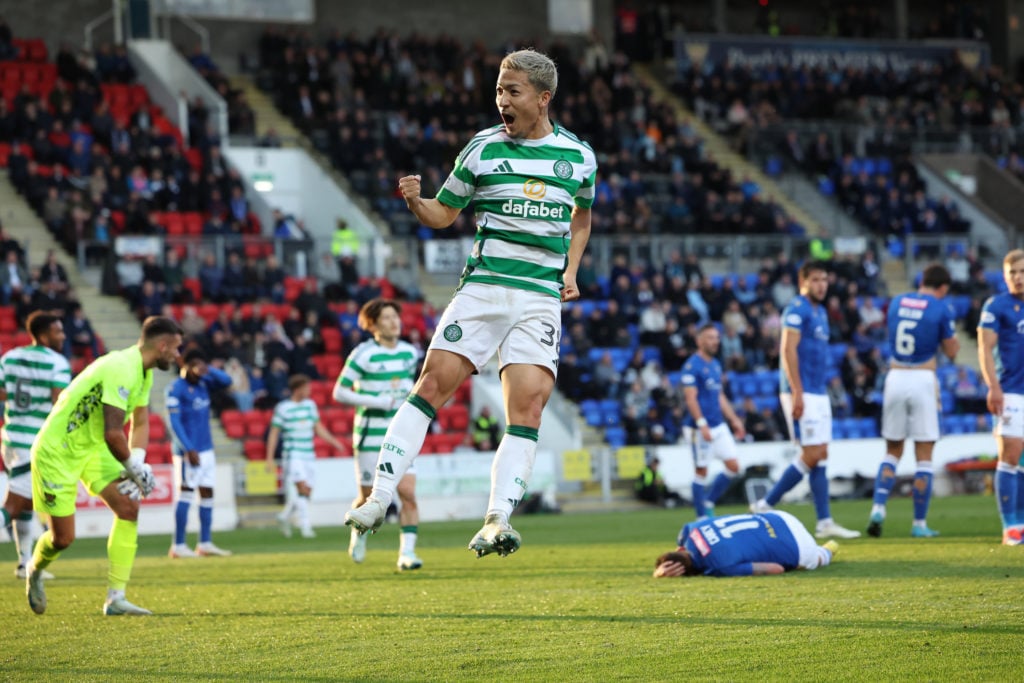 Daizen Maeda of Celtic celebrates only for VAR to rule the goal off during the SPL | Premier League match between St. Johnstone FC and Celtic FC at...