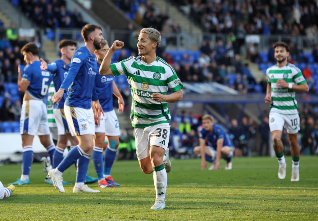 Daizen Maeda of Celtic celebrates only for VAR to rule the goal off during the SPL | Premier League match between St. Johnstone FC and Celtic FC at...