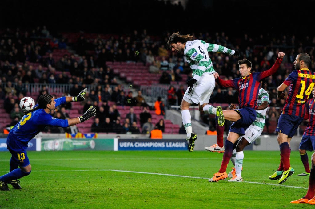 Giorgios Samaras of Celtic FC scores his team's first goal during the Champions League Group H match between FC Barcelona and Celtic FC at Camp Nou...