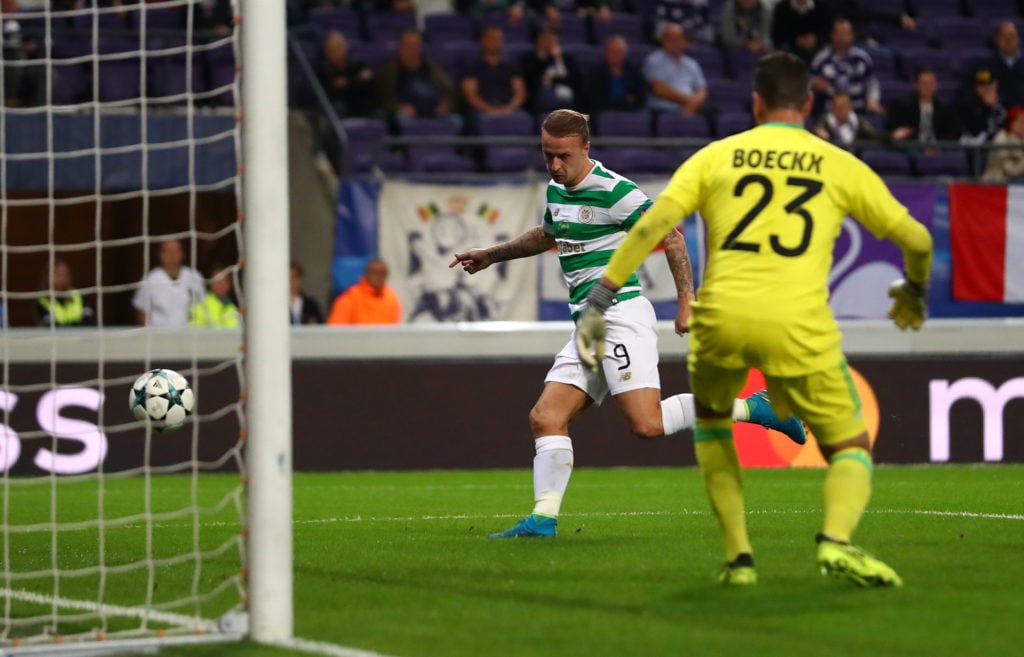 Leigh Griffiths of Celtic scores his sides first goal during the UEFA Champions League group B match between RSC Anderlecht and Celtic FC at Consta...