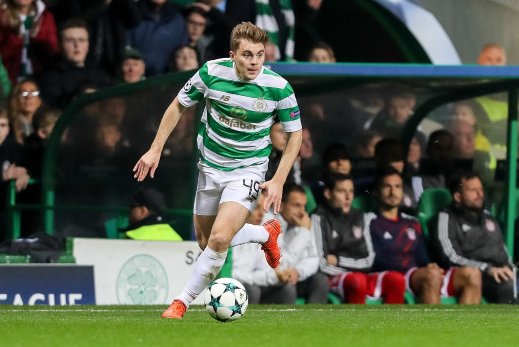 James Forrest of Celtic controls the ball during the UEFA Champions League group B match between Celtic FC and Bayern Muenchen at Celtic Park on Oc...