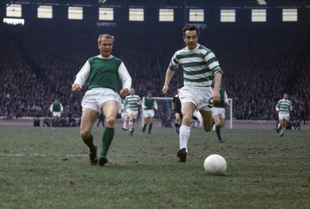 Scottish League Cup Final at Hampden Park. Hibernian 2 v Celtic 6. Steve Chalmers of Celtic' in a race for the ball with John Madsen, 5th April 1969.