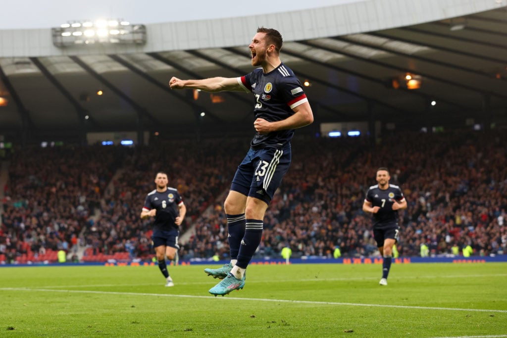 Anthony Ralston of Scotland celebrates after opening the scoring during the UEFA Nations League League B Group 1 match between Scotland and Armenia...