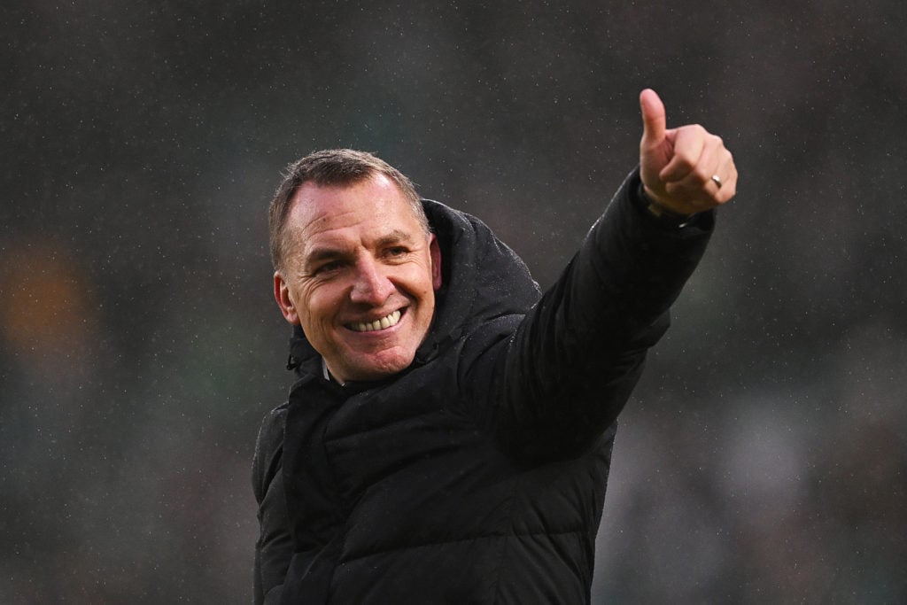 Celtic manager Brendan Rodgers gestures after the team's victory in the Cinch Scottish Premiership match between...