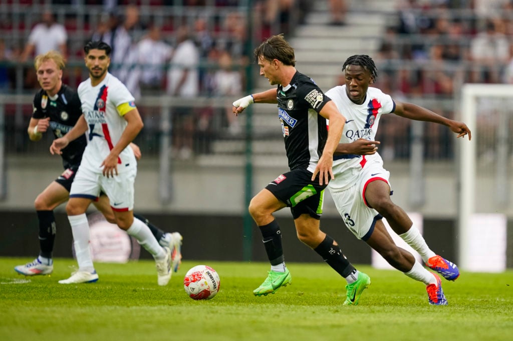 William Boving of SK Sturm Graz in action against Gadou Kouakou Joane of Paris Saint-Germain during the pre-season friendly match between SK Sturm ...