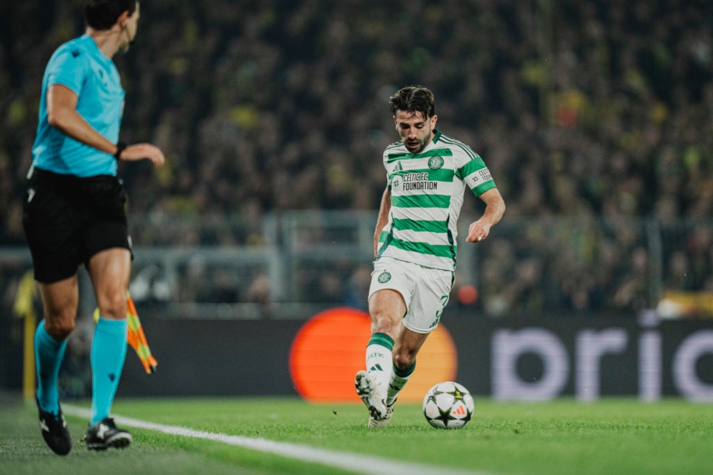 Greg Taylor of Celtic Glasgow passes the ball during the UEFA Champions League 2024/25 League Phase MD6 match between Borussia Dortmund and Celtic ...