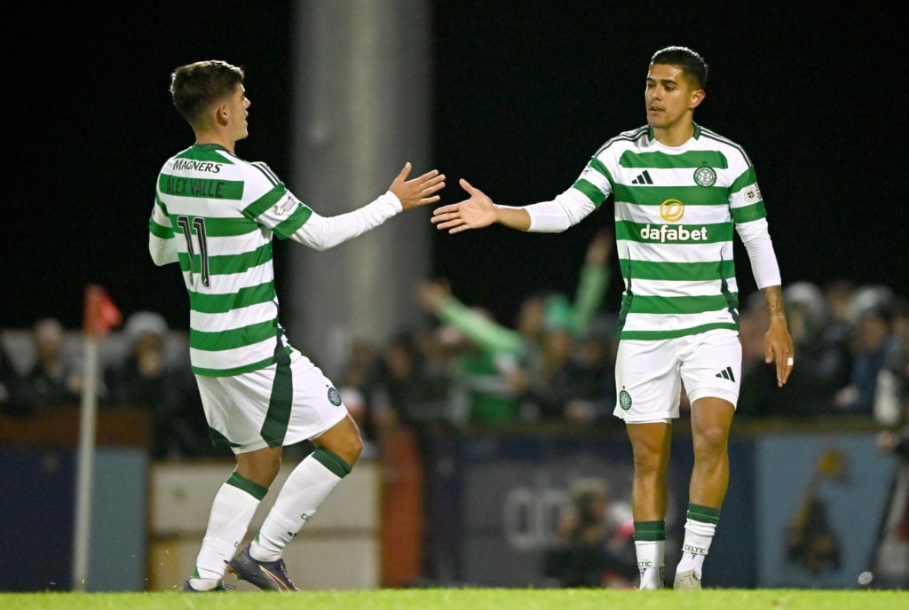 Sligo , Ireland - 9 October 2024; Luis Palma of Celtic celebrates with team-mate Alex Valle, left, after scoring ther side's first goal during the ...