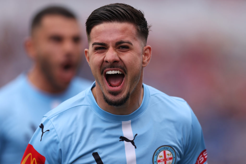 Marco Tilio celebrates scoring for Melbourne City