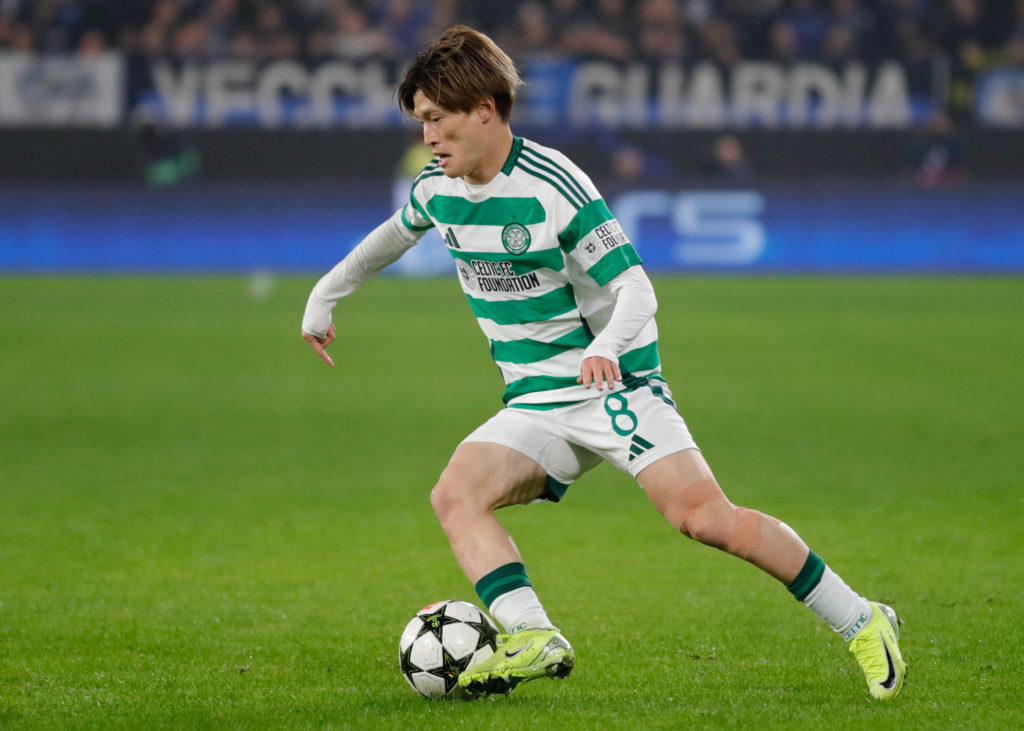 Kyogo Furuhashi of Celtic in action during the UEFA Champions League 2024/25 League Phase MD3 match between Atalanta BC and Celtic FC at Stadio di ...