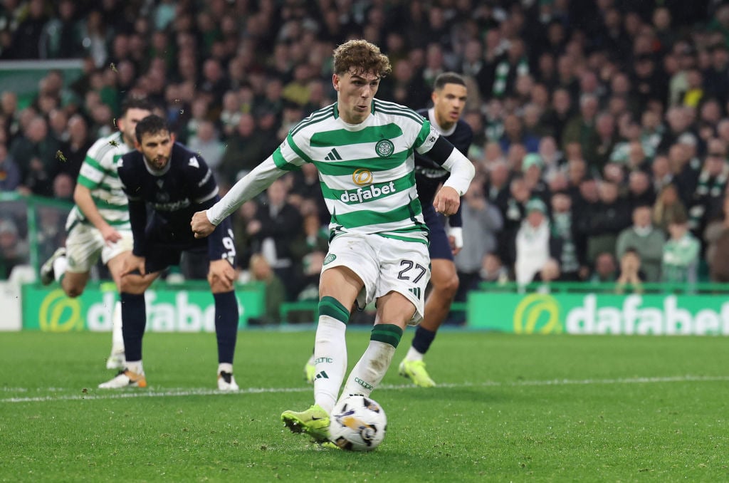 Arne Engels of Celtic scores his team's second goal from the penalty spot during the William Hill Premiership match between Celtic FC and Dundee FC...