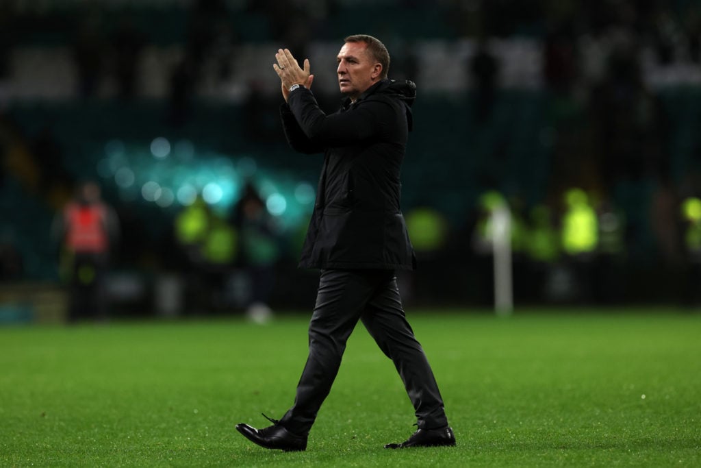 Brendan Rodgers, Manager of Celtic, acknowledges the fans after the William Hill Premiership match between Celtic FC and Dundee FC at Celtic Park o...