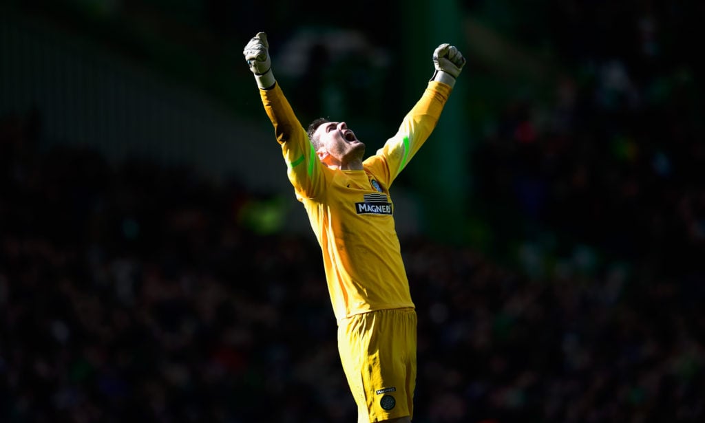 Celtic goalkeeper Craig Gordon celebrates the third Celtic goal during the Scottish Premiership match between Celtic and Aberdeen at Celtic Park St...