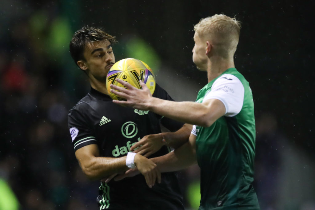 Jota of Celtic challenges for the ball against Josh Doig of Hibernian FC during the Cinch Scottish Premiership match between Hibernian FC and Celtic FC