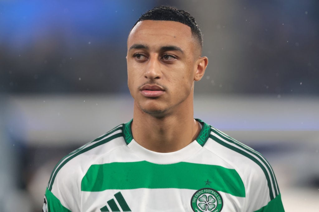 Adam Idah of Celtic looks on during the line up prior to the UEFA Champions League 2024/25 League Phase MD3 match between Atalanta BC and Celtic FC...