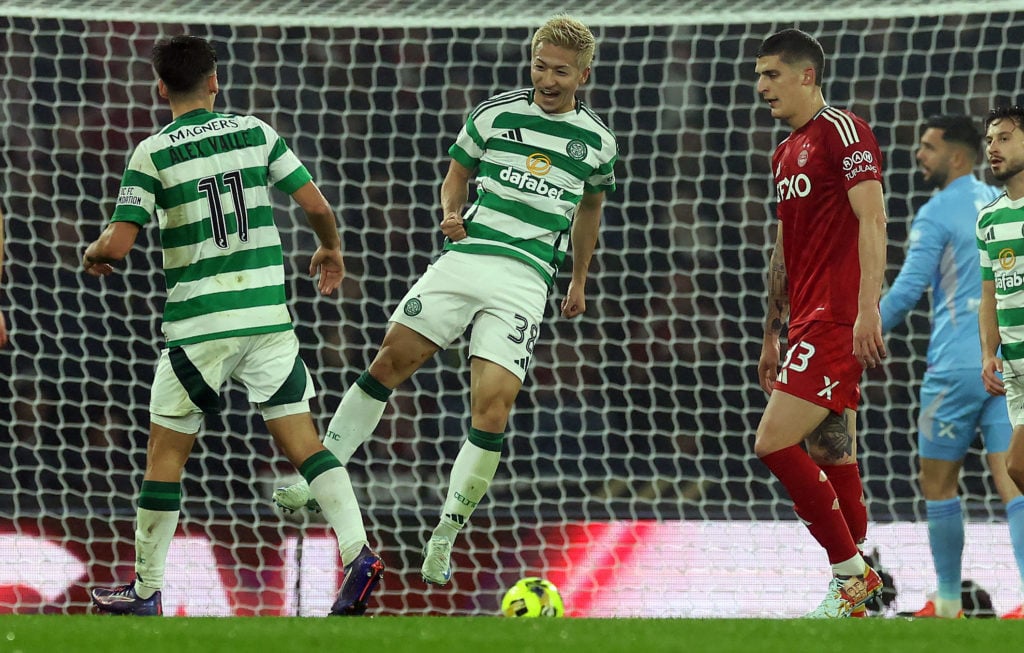 Daizen Maeda of Celtic celebrates scoring his team's third goal during the Premier Sports Cup Semi-Final match between Celtic and Aberdeen at Hampd...