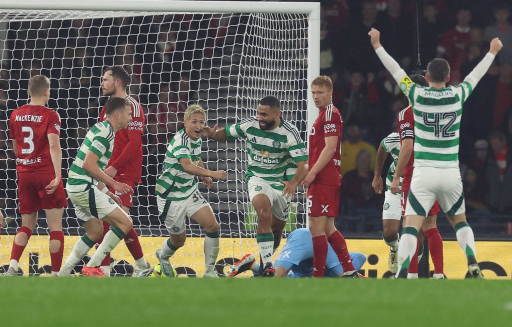 Celtic's Cameron Carter-Vickers celebrates after scoring the first goal during the Premier Sports Cup semi-final match between Celtic and Aber...