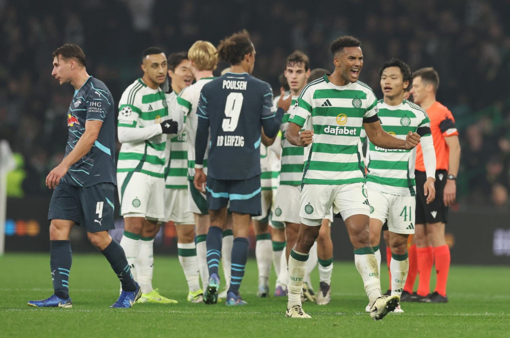 Auston Trusty of Celtic celebrates at full time during the UEFA Champions League 2024/25 League Phase MD4 match between Celtic FC and RB Leipzig at...