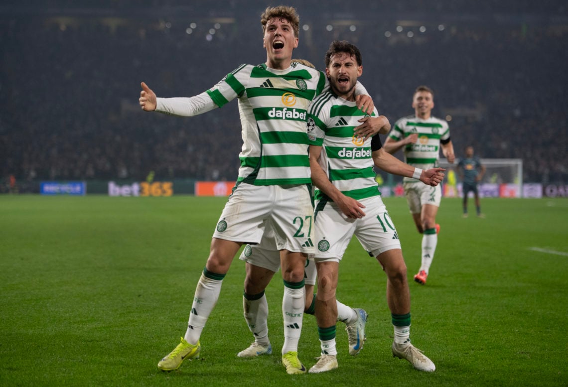 Nicolas Kuehn of Celtic celebrates scoring his team's second goal with teammate Arne Engels during the UEFA Champions League 2024/25 League Phase M...