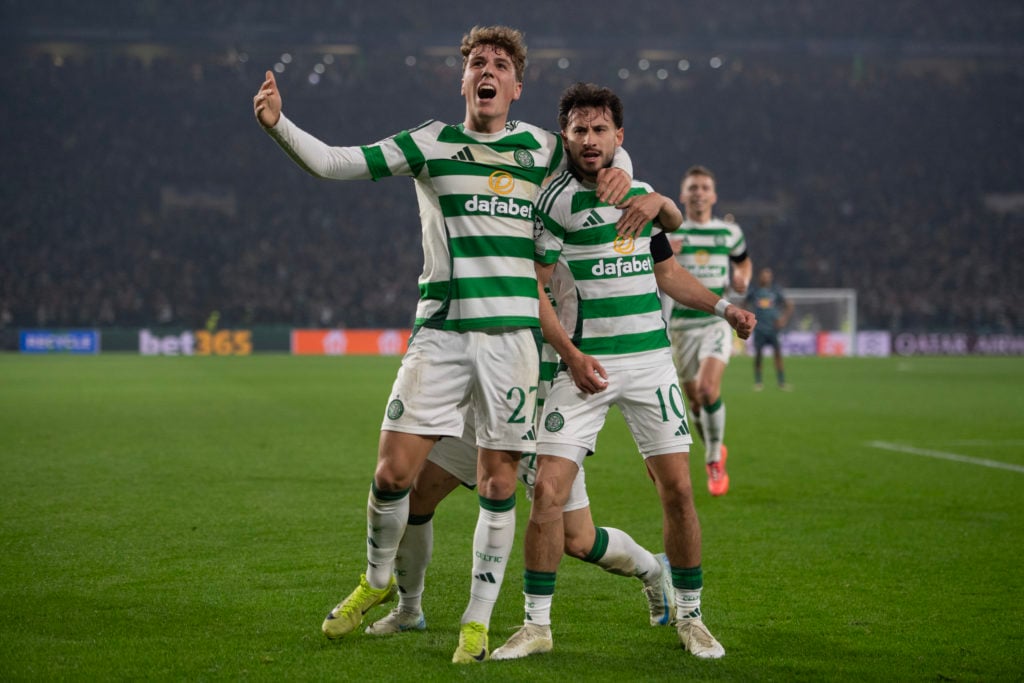 Nicolas Kuehn of Celtic celebrates scoring his team's second goal with teammate Arne Engels during the UEFA Champions League 2024/25 League Phase M...