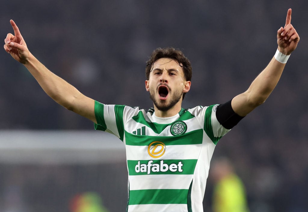 Nicolas Kuhn of Celtic celebrates scoring his team's first goal during the UEFA Champions League 2024/25 League Phase MD4 match between Celtic FC a...