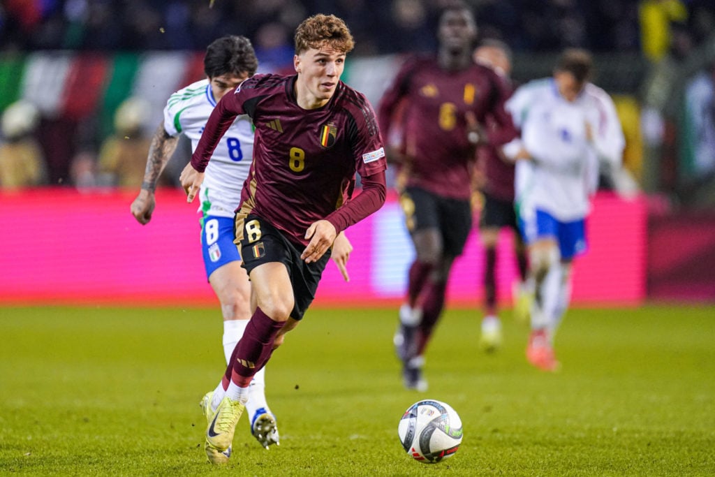 Arne Engels of Belgium dribbles during the UEFA Nations League 2024/25 League A Group A2 match between Belgium and Italy at King Baudouin Stadium o...