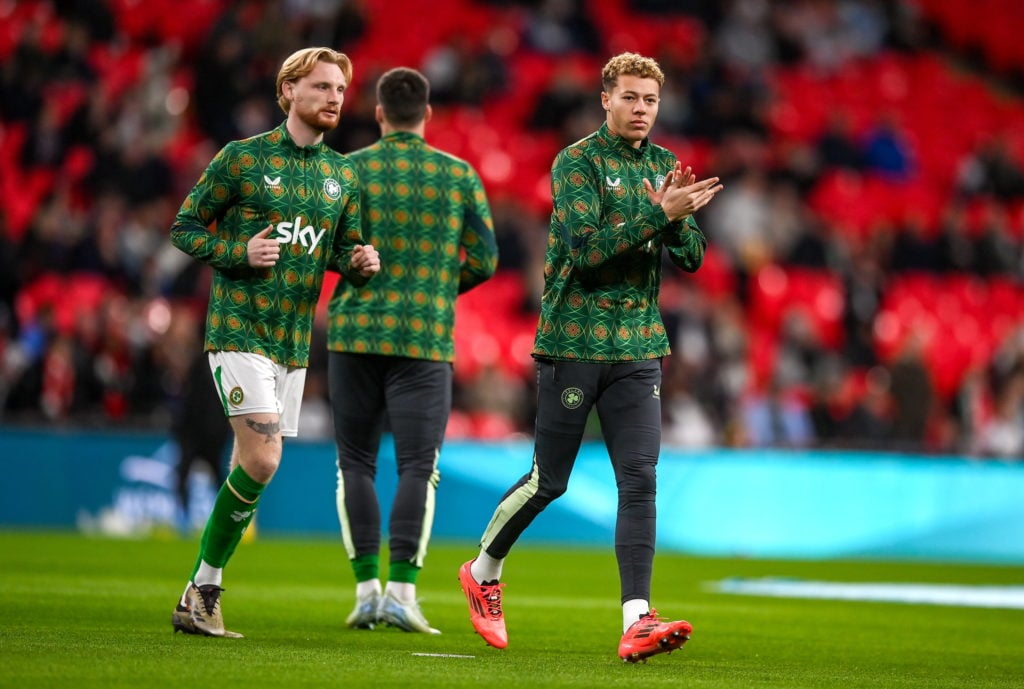 England, United Kingdom - November 17, 2024; Kasey McAteer, right, and Liam Scales of Ireland for the UEFA Nations League B Group 2...