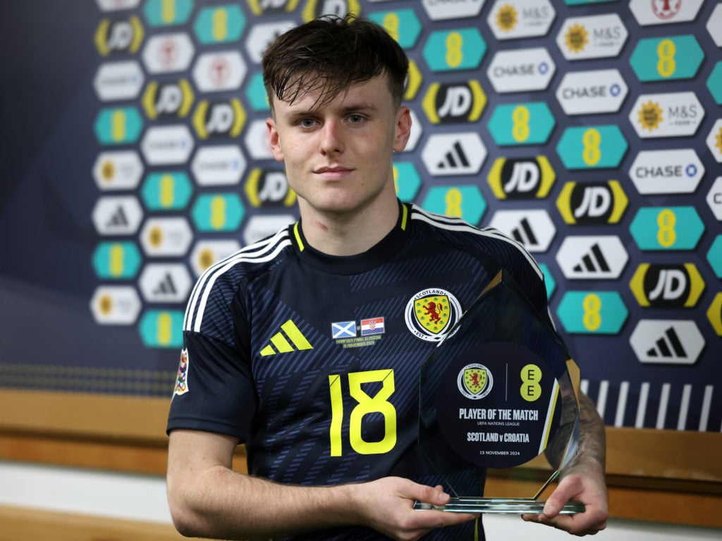 Ben Doak of Scotland poses for a photograph with the Player of the Match award after the UEFA Nations League 2024/25 League A Group A1 match betwee...