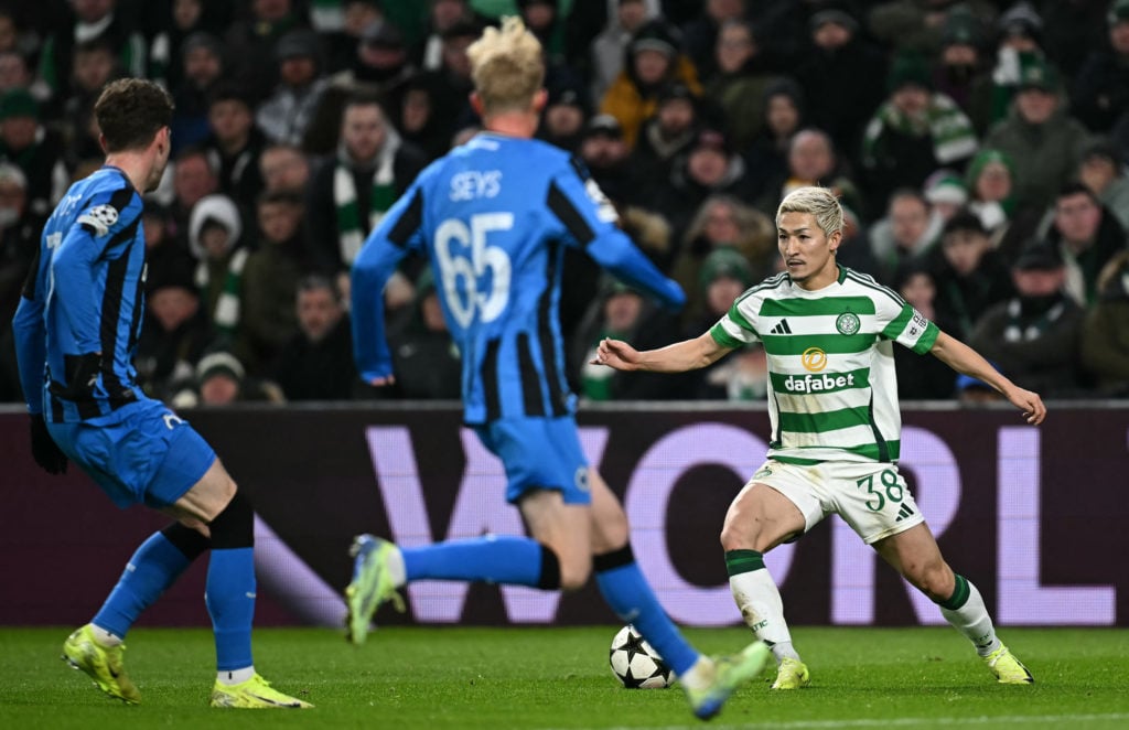 Celtic's Japanese striker #38 Daizen Maeda (R) vies with Club Brugge's Belgian defender #65 Joaquin Seys (C) during the UEFA Champions League footb...