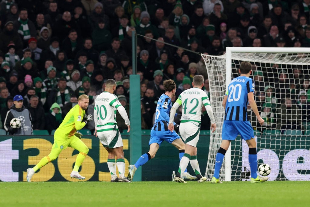 Cameron Carter-Vickers of Celtic scores Club Brugge KV's first goal with an own goal during the UEFA Champions League 2024/25 League Phase MD5 matc...