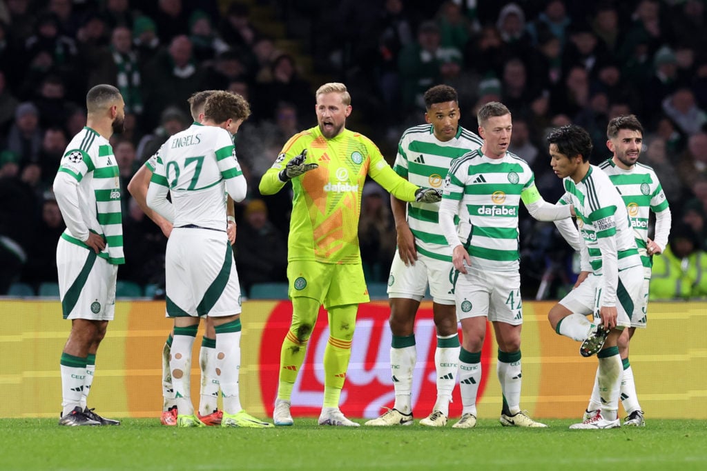 Kasper Schmeichel of Celtic speaks to his teammates during the UEFA Champions League 2024/25 League Phase MD5 match between Celtic FC and Club Brug...