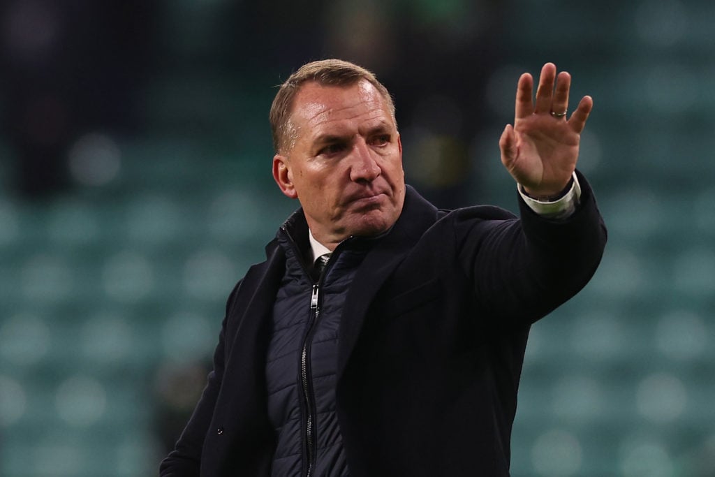 Celtic manager Brendan Rodgers greets supporters at the end of the 2024/25 UEFA Champions League League Stage MD5 match between Celtic FC and...