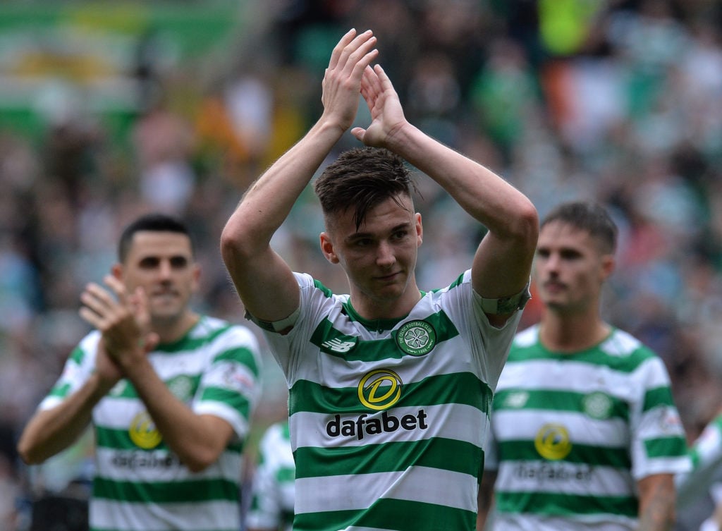 Kieran Tierney applauds the Celtic fans after a win against Rangers at Celtic Park