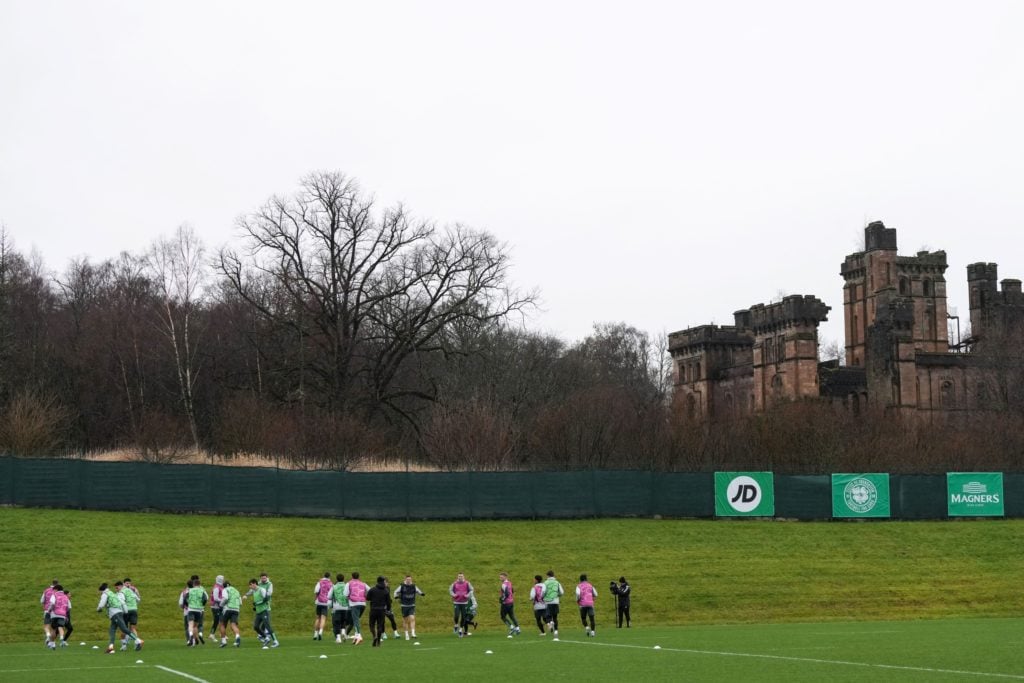 Celtic's players attend a training session at Lennoxtown training ground north of Glasgow, Scotland, on December 12, 2023, on the eve of their UEFA Champions League Group E football match against Feyenoord