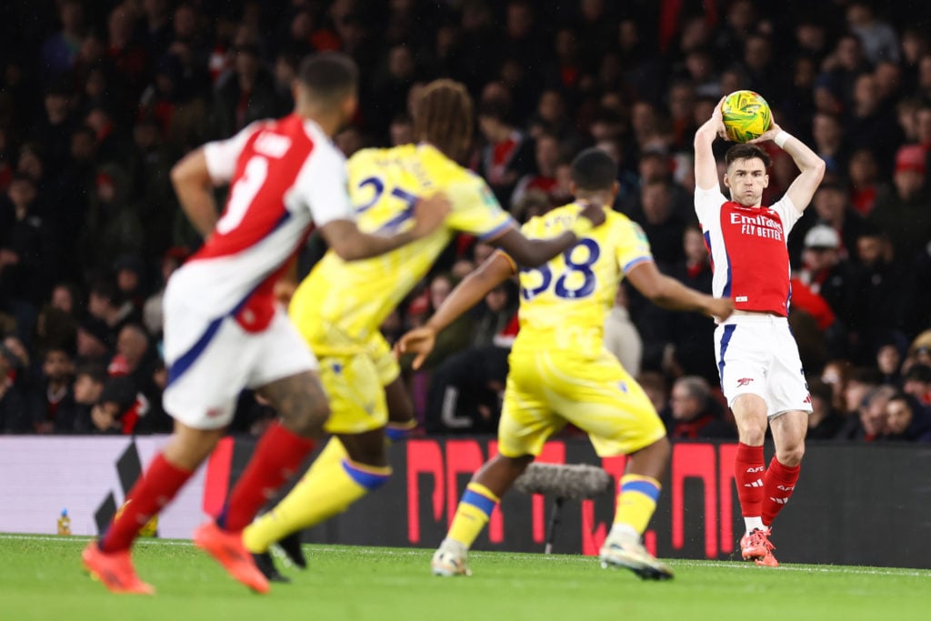 Kieran Tierney of Arsenal takes a throw in during the Carabao Cup Quarter Final match between Arsenal and Crystal Palace at Emirates Stadium on Dec...